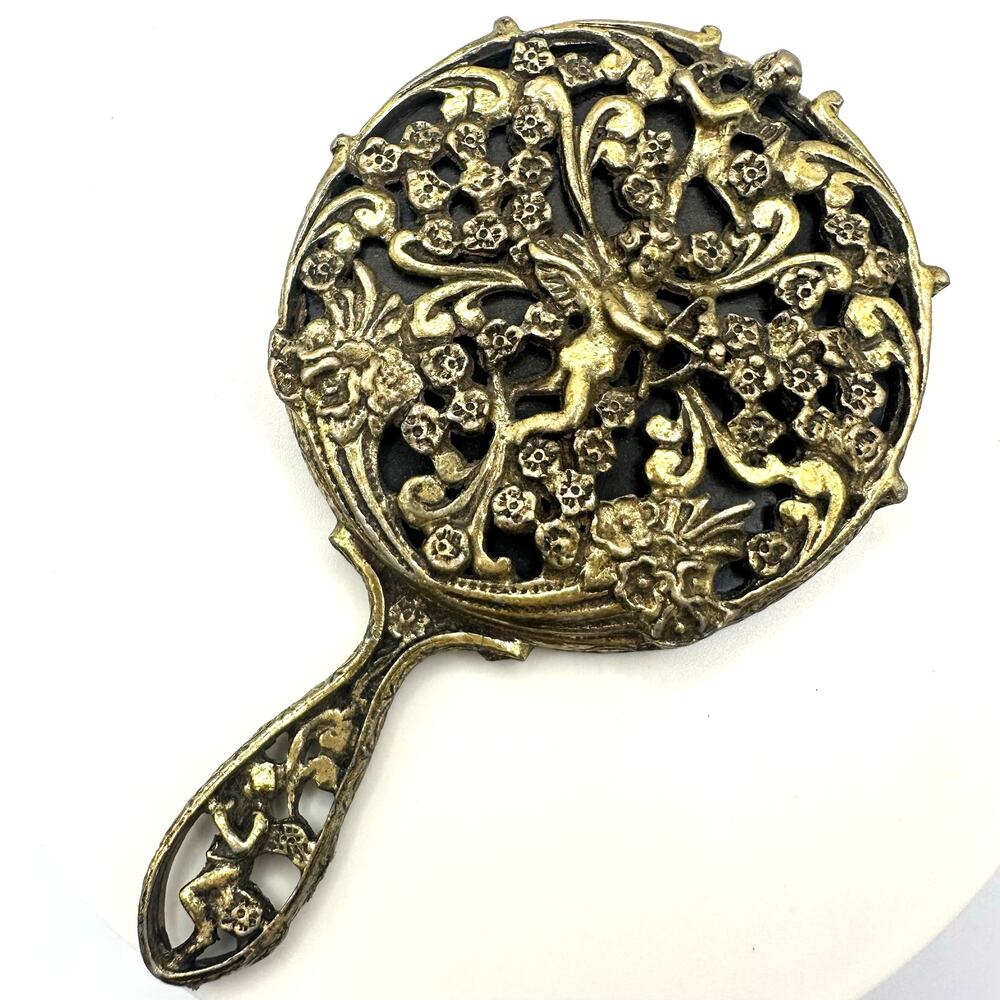 Vintage Art Nouveau Revival gold tone cherubs angels handheld 4.25" mirror